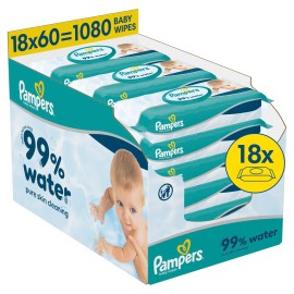 Pampers PROMO 99% Water Μωρομάντηλα με Ήπια Λοσιόν & 99% Νερό με Καπάκι 1080 Τεμάχια [18 Πακέτα x 60 Μωρομάντηλα]