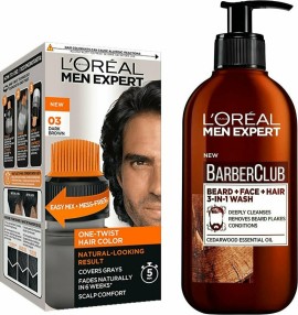 L’Oreal Paris Bundle One Twist Men Expert No3 Dark Brown Ανδρική Βαφή Μαλλιών με Ειδικό Χτενάκι για Εύκολη Εφαρμογή Καστανό Σκούρο / Μαύρο 50ml - Barber Club Καθαρισμός 3 in 1 Για Πρόσωπο - Μούσια - Μαλλιά 200ml