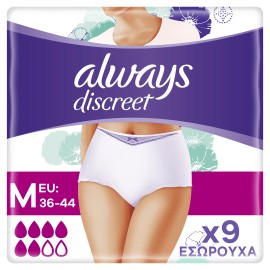 Always Discreet Plus Εσώρουχα για την Ακράτεια Medium 6 Σταγόνες Λευκό Χρώμα 9 Τεμάχια