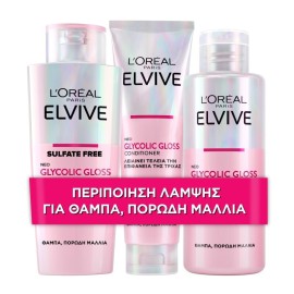 LOreal Paris Bundle Elvive Glycolic Gloss Σαμπουάν Φροντίδας & Λείανσης 200ml - Conditioner Λείανσης 150ml - Περιποίηση Λάμψης 5 Λεπτών 200ml