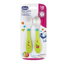 Chicco Metal Cutlery Mix & Match Σετ Πιρούνι Κουτάλι Χρώμα:Ροζ - Λαχανί 18m+ 1 Τεμάχιο [16102-10]