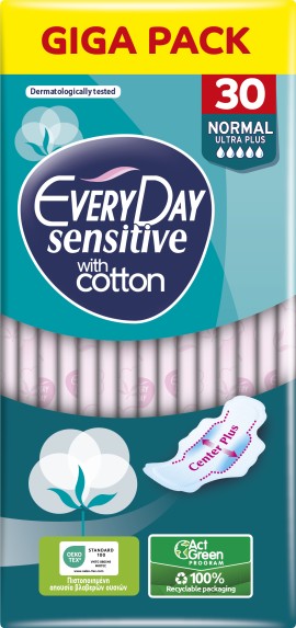 EveryDay Sensitive With Cotton Ultra Plus Normal Σερβιέτες με Φτερά 5 Σταγόνες Giga Pack 30 Τεμάχια