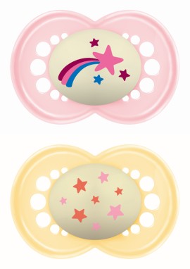 Mam Original Night 16m+ Ορθοδοντική Πιπίλα Σιλικόνης Νυκτός & Θήκη Ροζ - Κίτρινο 2 Τεμάχια [260SGc]