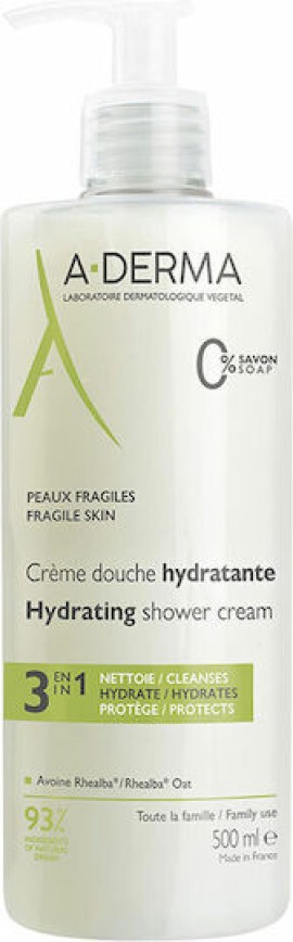 A-Derma Hydrating Shower Cream 3 in 1 Ενυδατική Κρέμα Καθαρισμού για Πρόσωπο, Σώμα & Μαλλιά, 500ml