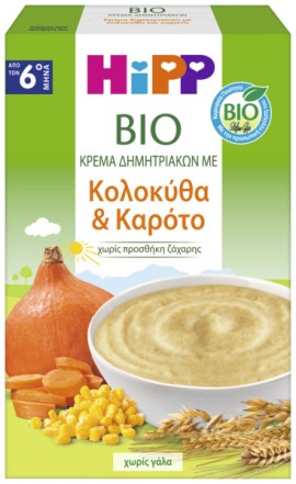 Hipp BIO Κρέμα Δημητριακών Χωρίς Γάλα από τον 6ο Μήνα με Κολοκύθα & Καρότο 200gr