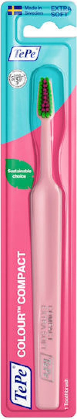 TePe Compact Extra Soft Οδοντόβουρτσα Πολύ Μαλακή Ροζ με Πράσινες & Φούξια Ίνες 1 Τεμάχιο