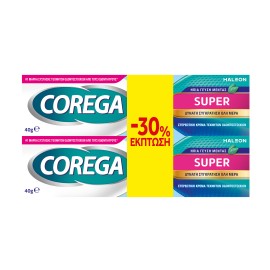 Corega PROMO Super, Στερεωτική Κρέμα για Τεχνητή Οδοντοστοιχία, με Ήπια Γεύση Μέντα Ειδική Συσκευασία 2x40gr [Προσφορά -30%]