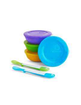 Munchkin Love a Bowls Μπολ με Καπάκι Κίτρινο, Πράσινο, Γαλάζιο, Μωβ 4 Τεμάχια (192ml) & Κουταλάκια Πράσινο & Γαλάζιο 2 Τεμάχια