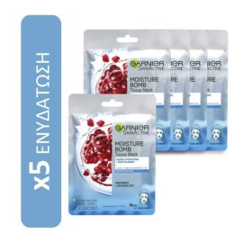 Garnier BUNDLE Moisture Bomb Sheet Mask Υφασμάτινη Ενυδατική Μάσκα Προσώπου με Ρόδι και Υαλουρονικό Οξύ 5 Τεμάχια x 28gr