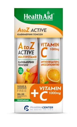 Health Aid PROMO A to Z Active Multivitamin Καθημερινή Τόνωση Χωρίς Ιώδιο Τροπικά Φρούτα & Vitamin C 1000mg Αντιοξείδωση & Ανοσοποιητικό Πορτοκάλι 2x20 Αναβράζοντα Δισκία
