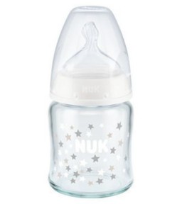 Nuk First Choice+ Γυάλινο Μπιμπερό με Θηλή Σιλικόνης 0-6m+ Χρώμα:Λευκό με Αστεράκια 120ml [10.747.117]