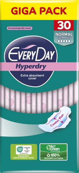 EveryDay Hyperdry Normal Ultra Plus Σερβιέτες με Φτερά 5 Σταγόνες Giga Pack 30 Τεμάχια