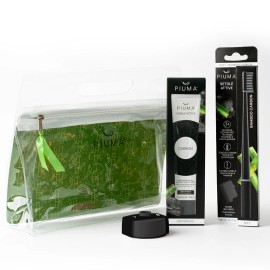 Piuma Gift Set Kit & Base Perfect Black Medium Μέτρια Οδοντόβουρτσα με Καθαριστή Γλώσσας Μαύρο 1 Τεμάχιο & Visible Active Carbon Oδοντόκρεμα με Άνθρακα Μπαμπού για Λεύκανση - Μέντα 75ml & Διάφανο Νεσεσέρ