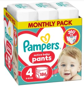 Pampers Active Baby Pants Monthly Pack Μέγεθος 4 (9-15kg) 186 Πάνες-Βρακάκι