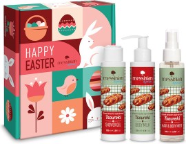Messinian Spa PROMO Shower Gel Tsoureki Ενυδατικό Αφρόλουτρο Τσουρέκι 100ml & Body Milk Tsoureki Ενυδατικό Γαλάκτωμα Σώματος Τσουρέκι 100ml & Hair & Body Mist Tsoureki 100ml