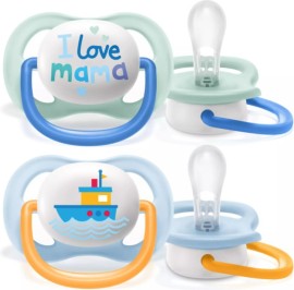 Philips Avent Ultra Air Happy I Love Mama 0-6m+ Ορθοδοντική Πιπίλα Σιλικόνης για Αγόρι Σιέλ [SCF080/01] 2 Τεμάχια