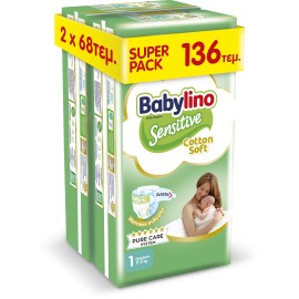 Πάνες Babylino Sensitive Cotton Soft Νο1 [2-5kg] Super Pack 136 Πάνες [2 Πακέτα x 68 Τεμάχια]