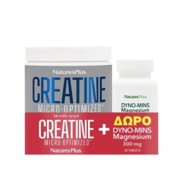 Natures Plus PROMO Creatine Monohydrate Powder Μονοϋδρική Κρεατίνη Χωρίς Γεύση 330gr & ΔΩΡΟ Dyno Mins Magnesium 300mg για την Υποστήριξη των Οστών 30 Ταμπλέτες