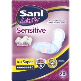 Sani Lady Sensitive Super Discreet Σερβιέτες Ακράτειας No5 με Βαμβάκι Χωρίς Φτερά Προστασίας 20 Τεμάχια [7 1/2 Σταγόνες]