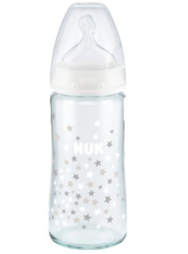 Nuk First Choice+ Γυάλινο Μπιμπερό με Θηλή Σιλικόνης 0-6m+ Χρώμα:Λευκό με Αστεράκια 240ml [10.745.124]